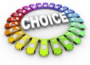 Different color cars with "Choice" in the middle
