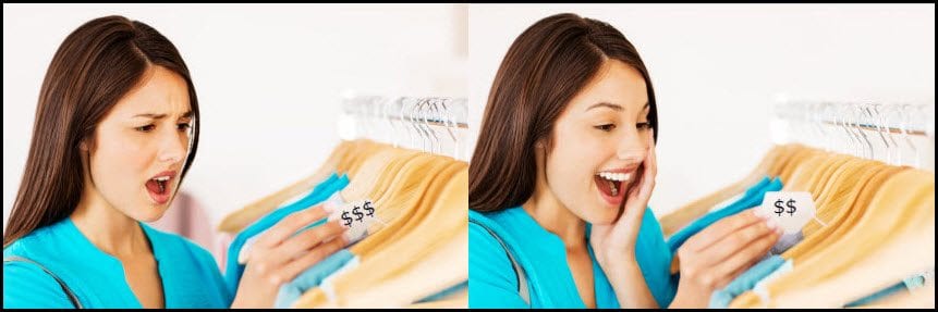 Split screen: Woman looking disappointed while looking at a price tag & woman looking excited when looking at a price tag.
